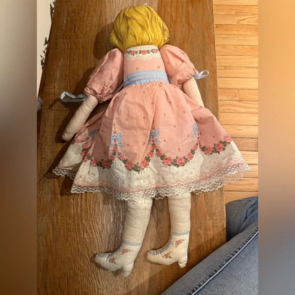 VTG Cut & Sew Floral Pink Cloth Doll with Blonde Hair Cottagecore Prariie
